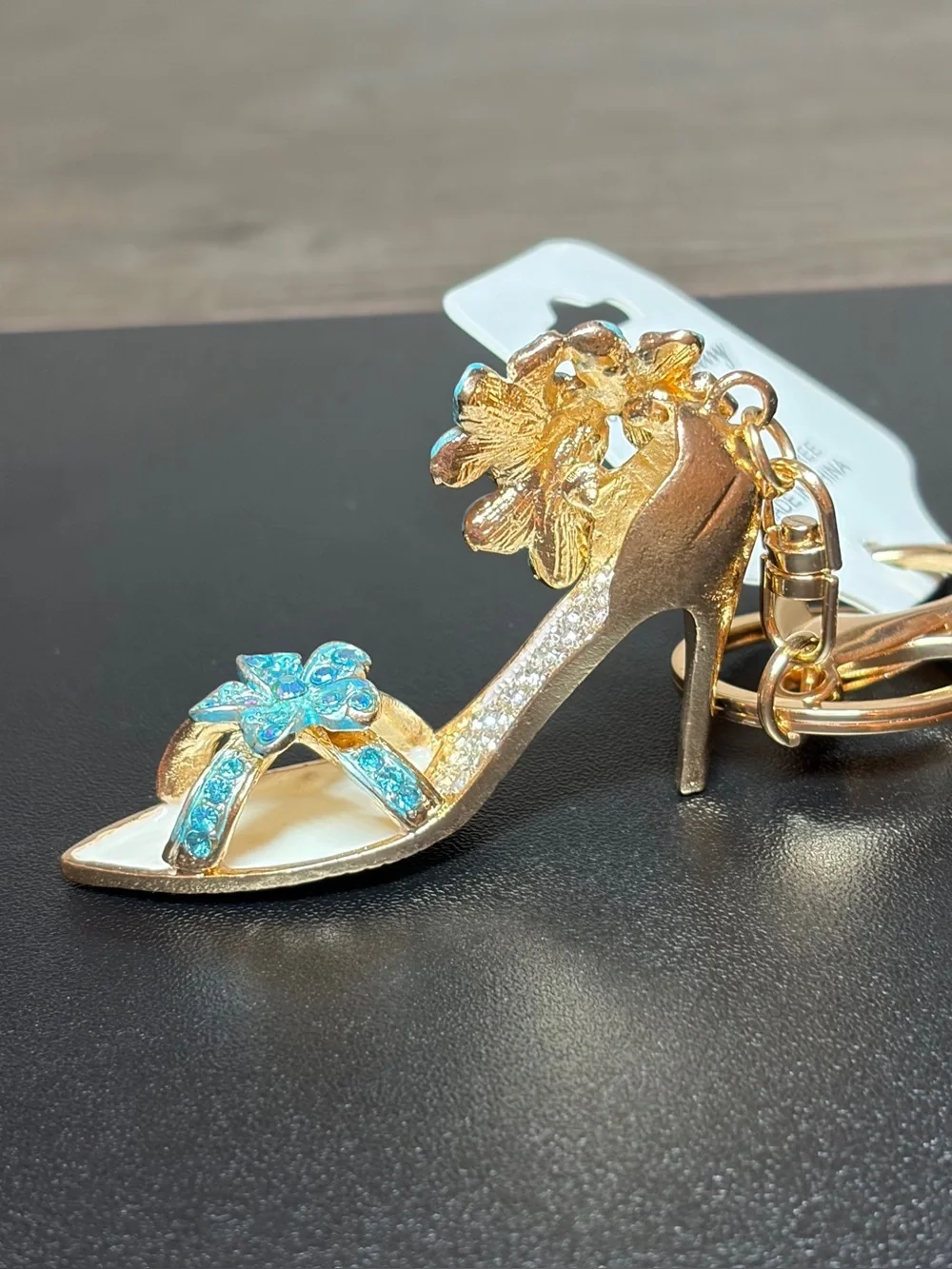 Gold High Heel Keychain with Turquoise Crystal Flowers